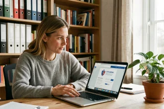 Femme consultant le portail PIA de l'Académie de Grenoble sur son ordinateur portable depuis son bureau à domicile