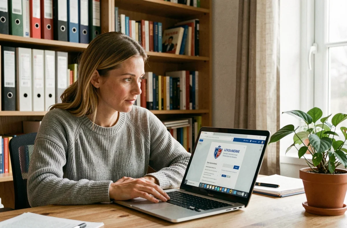 Femme consultant le portail PIA de l'Académie de Grenoble sur son ordinateur portable depuis son bureau à domicile