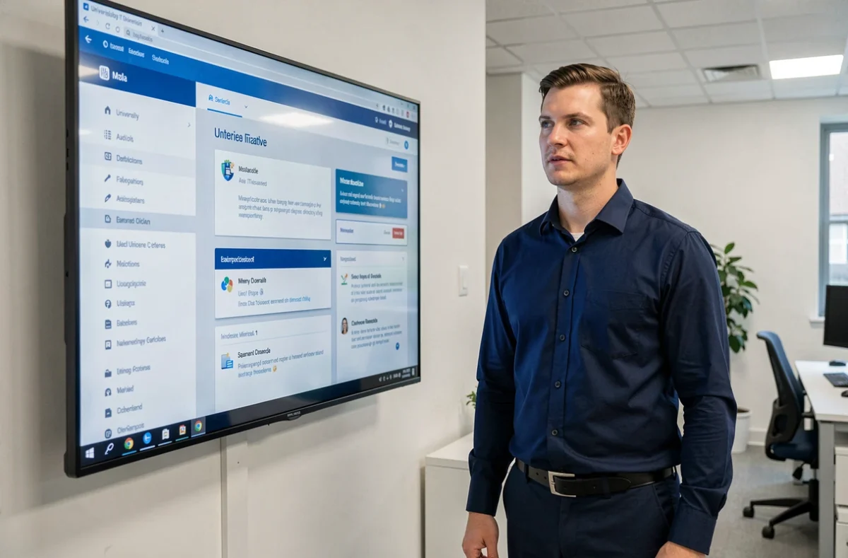 Administrateur informatique gérant les mises à jour de l'ENT UPHF sur un écran de tableau de bord numérique