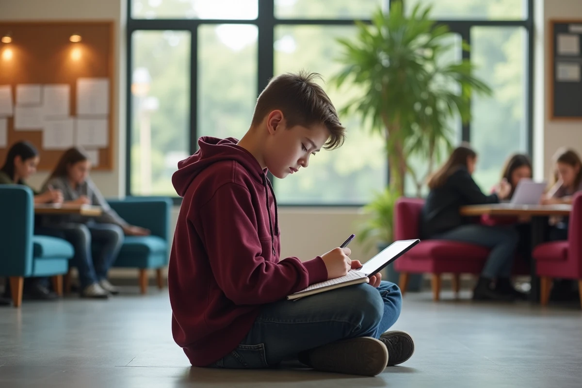 Adolescent &eacute;tudiant dans un lounge universitaire lumineux