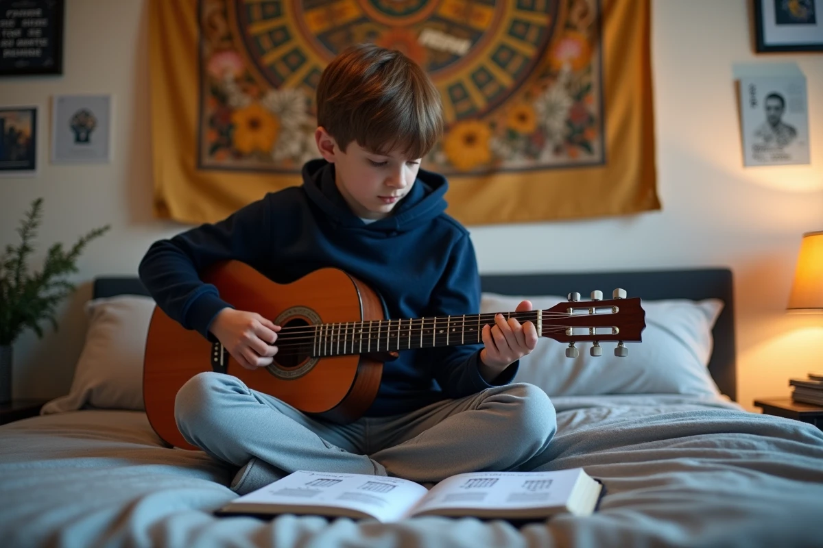 Adolescent pratiquant des accords de guitare dans sa chambre