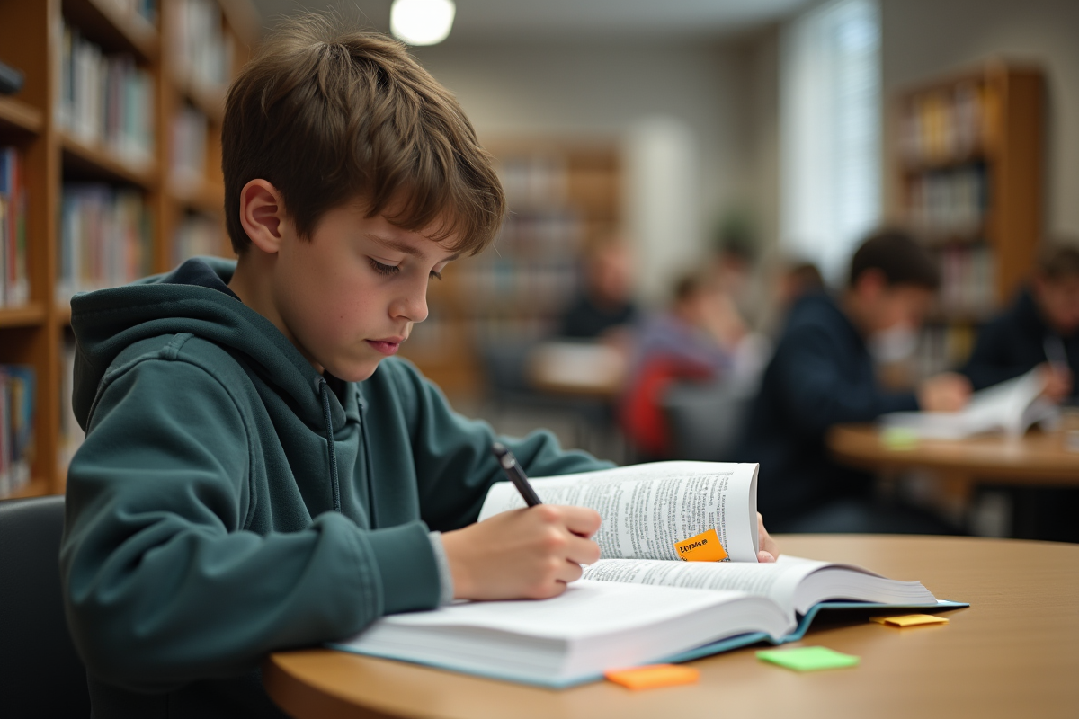 Adolescent étudiant avec livres et notes en bibliothèque