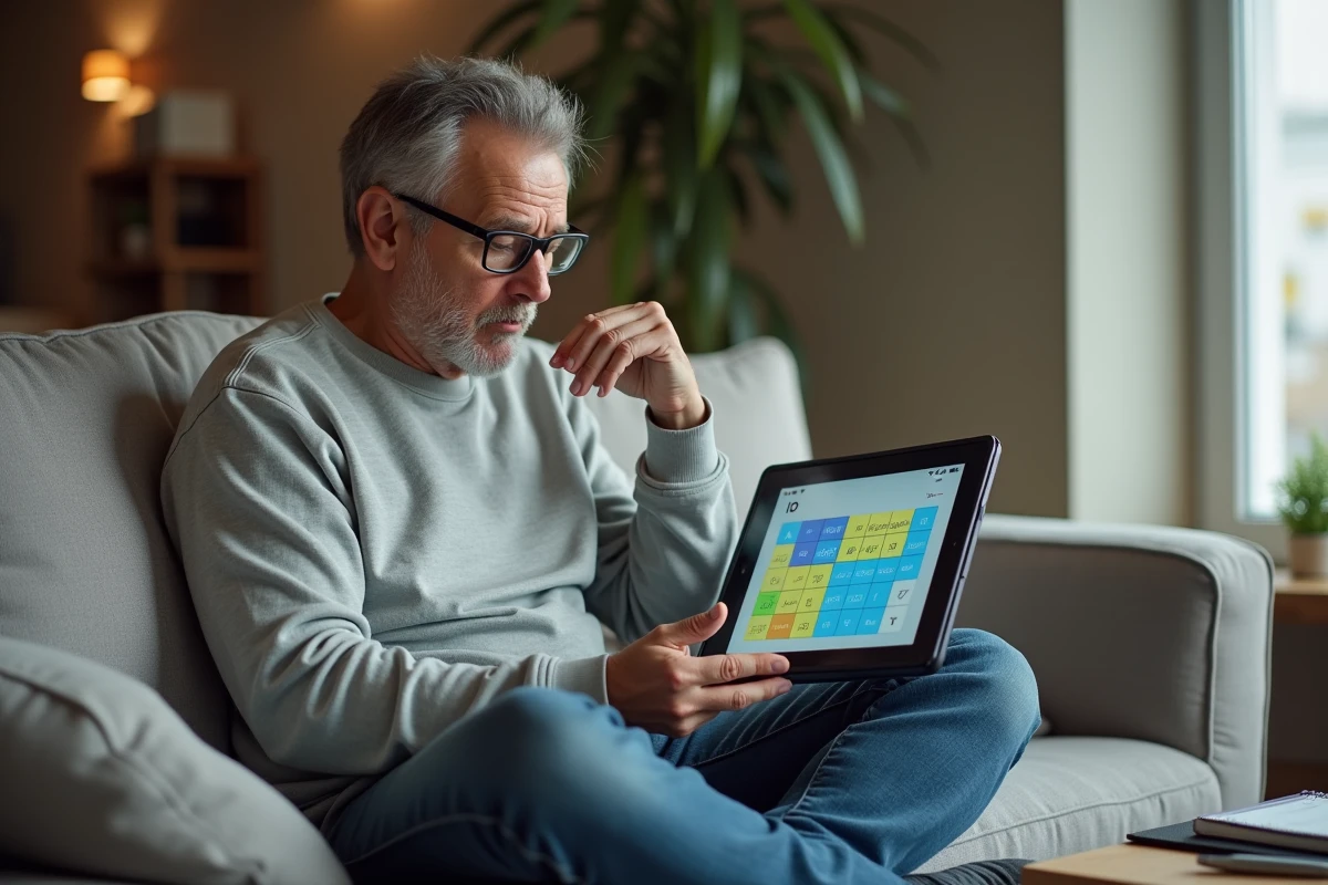 Personne adulte réfléchissant à un test de QI fiable sur tablette depuis son canapé à domicile