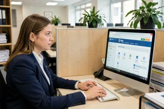 Agente municipale consultant le portail intranet Amiens sur son ordinateur de bureau dans un open space administratif