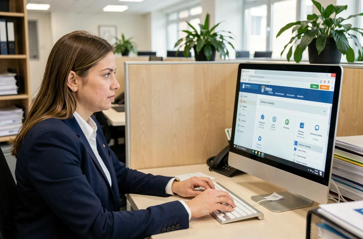Agente municipale consultant le portail intranet Amiens sur son ordinateur de bureau dans un open space administratif