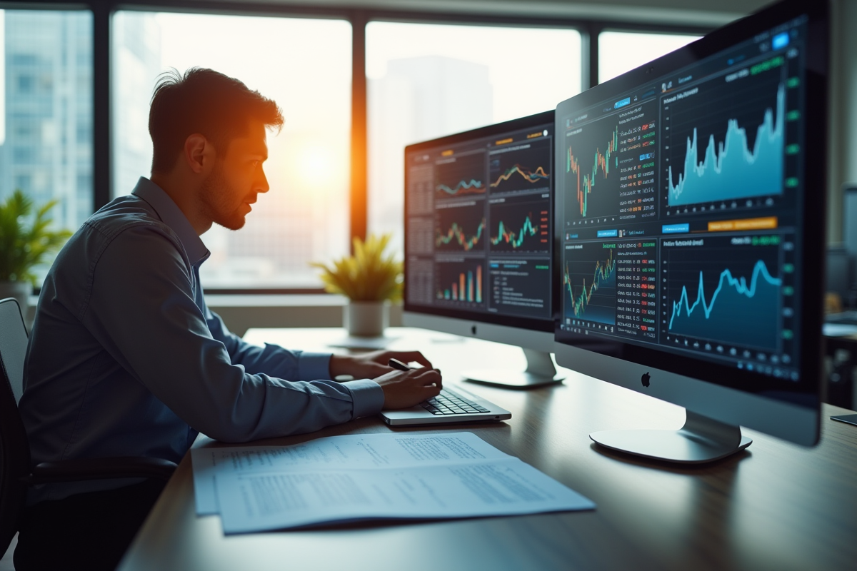Analyste financier au bureau avec écrans de données