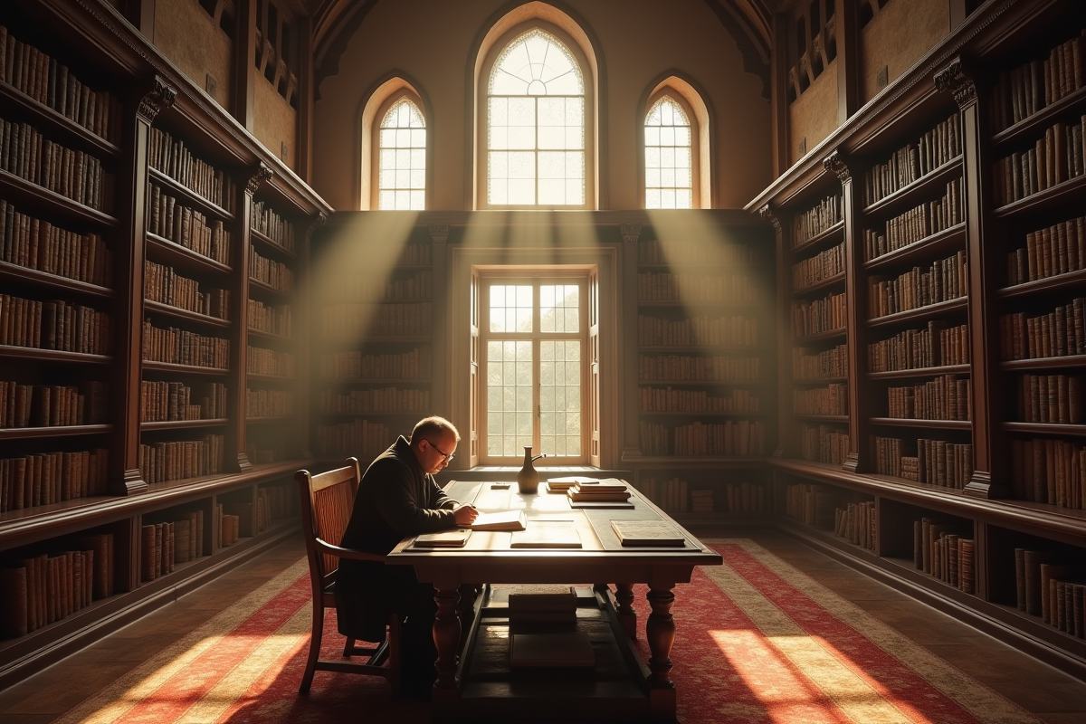 Bibliotheque ancienne avec livres en plusieurs langues et un chercheur