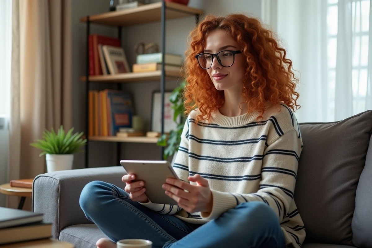 Jeune femme étudiant l'arabe seule chez elle sur une tablette numérique affichant une application d'apprentissage de la langue arabe
