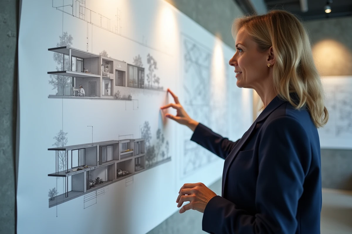 Architecte femme discutant devant un plan mural dans son studio