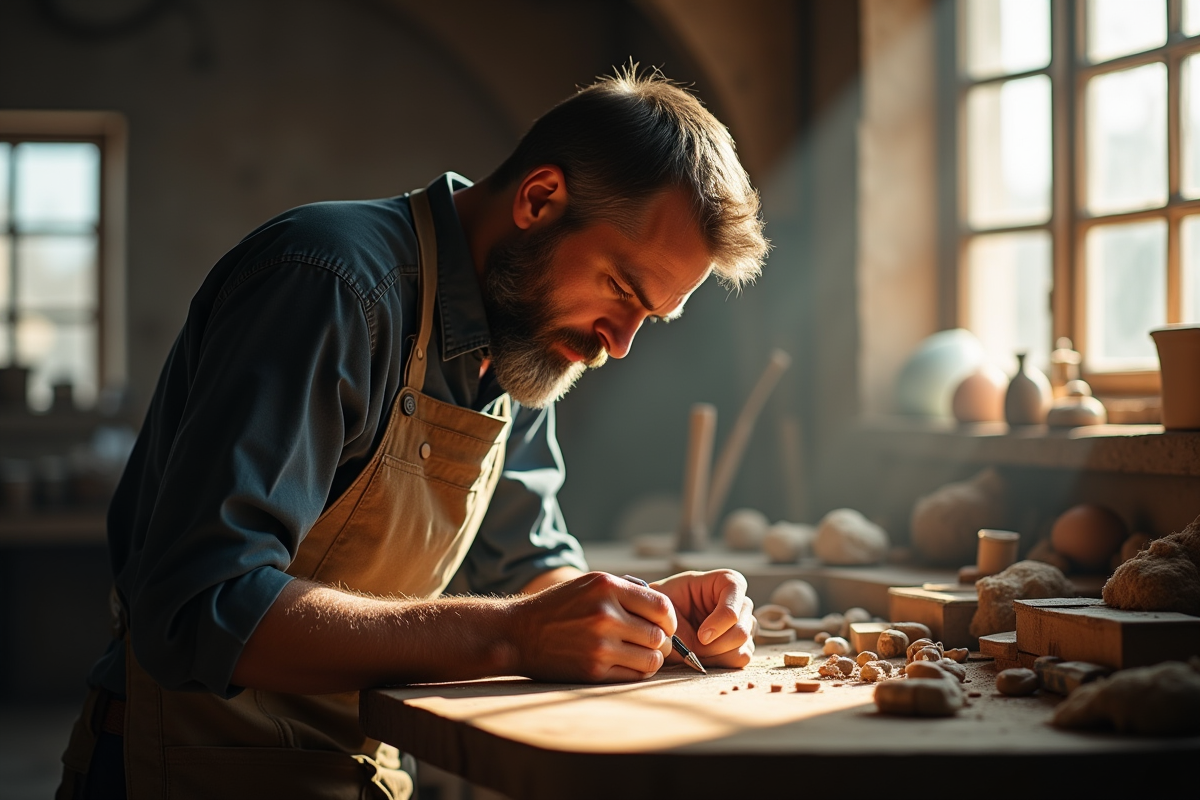 Artisan sed travaillant à un établi traditionnel en lumière naturelle