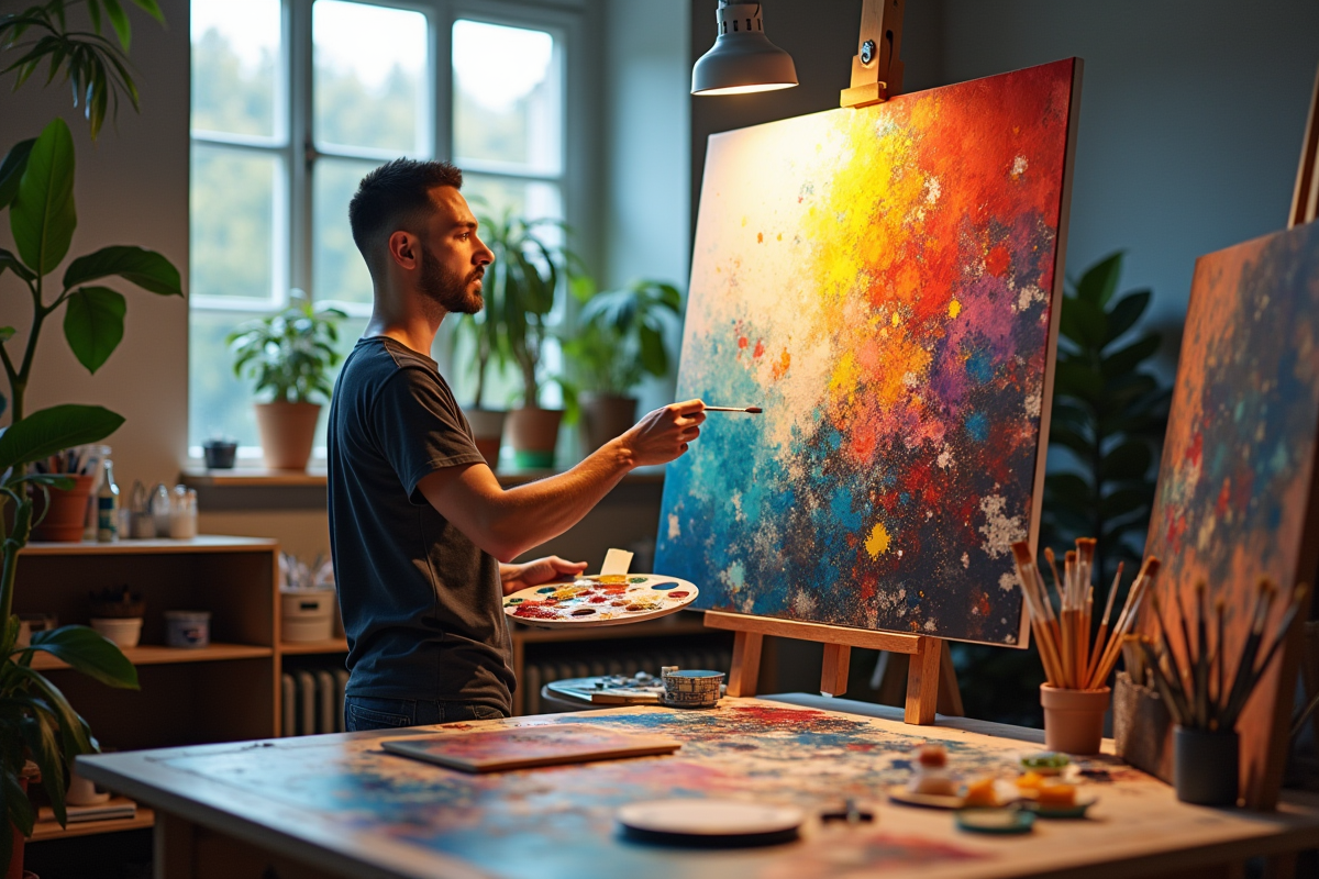 Artiste peignant une toile abstraite dans un studio lumineux