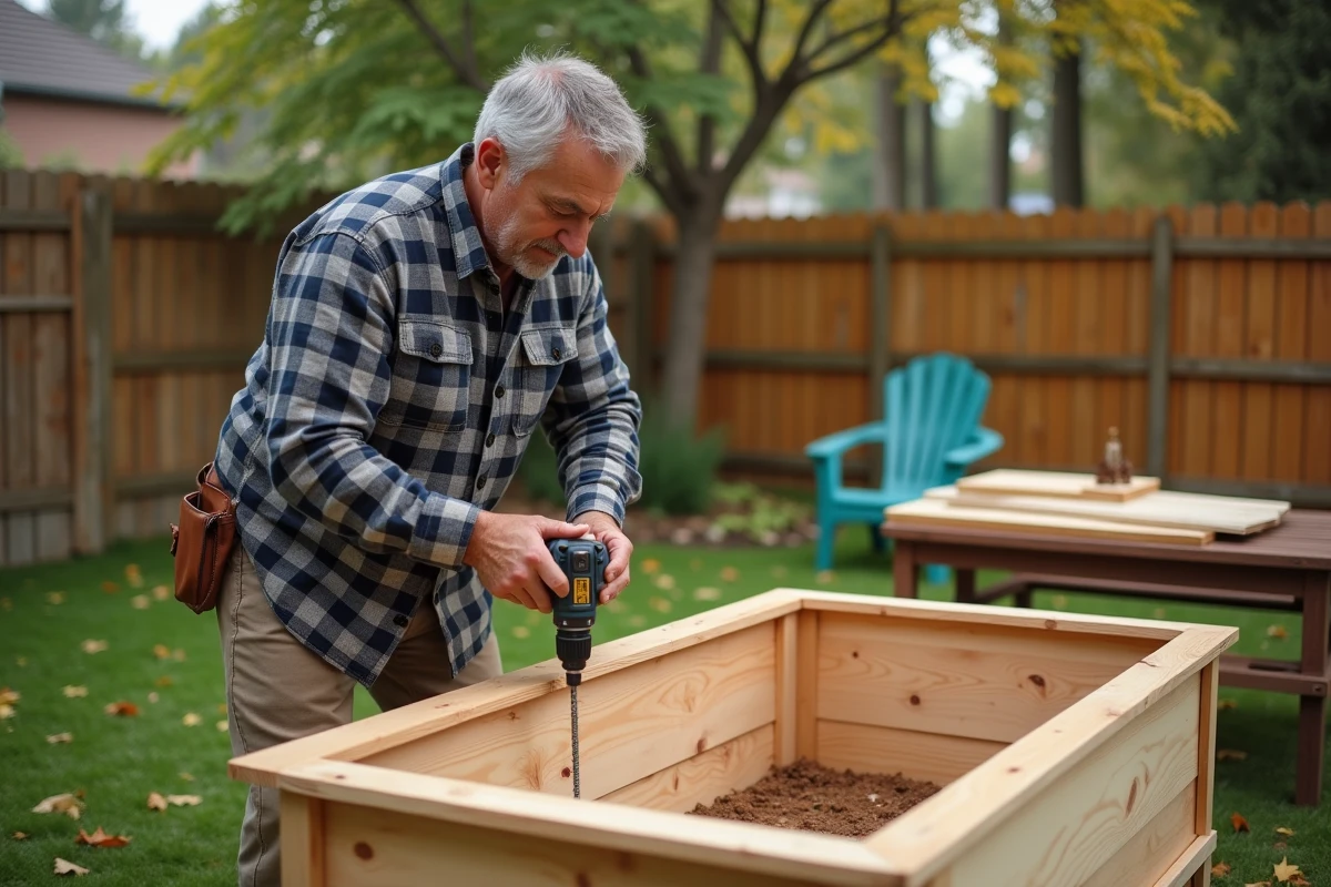 Homme assemblant un bac potager en bois dans un jardin lors d'un projet de bricolage extérieur