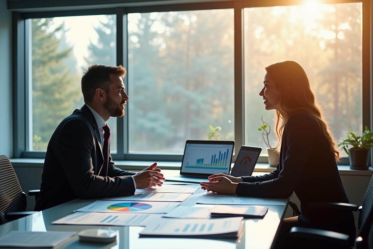 Conseiller financier expliquant des graphiques colorés à un client dans un bureau lumineux