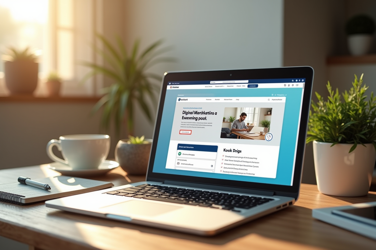 Espace de travail à domicile avec ordinateur et notes marketing