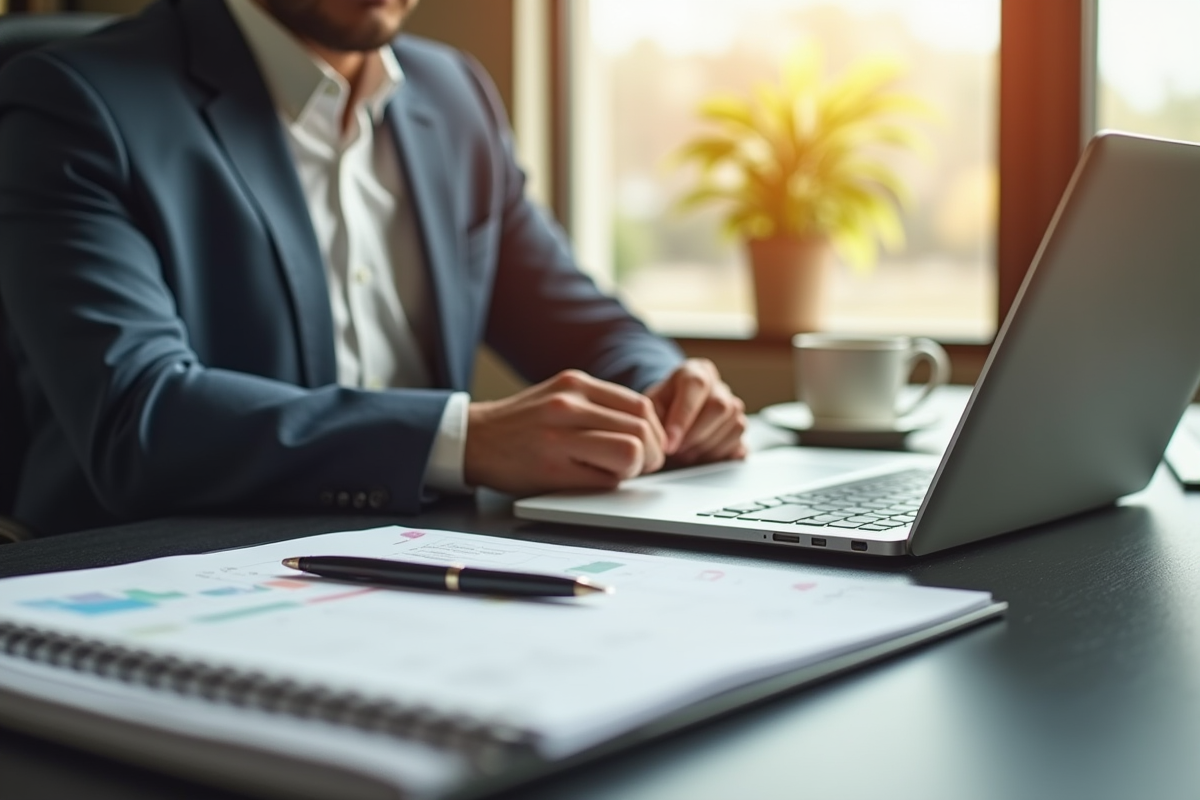Bureau moderne avec ordinateur et professionnel confiant