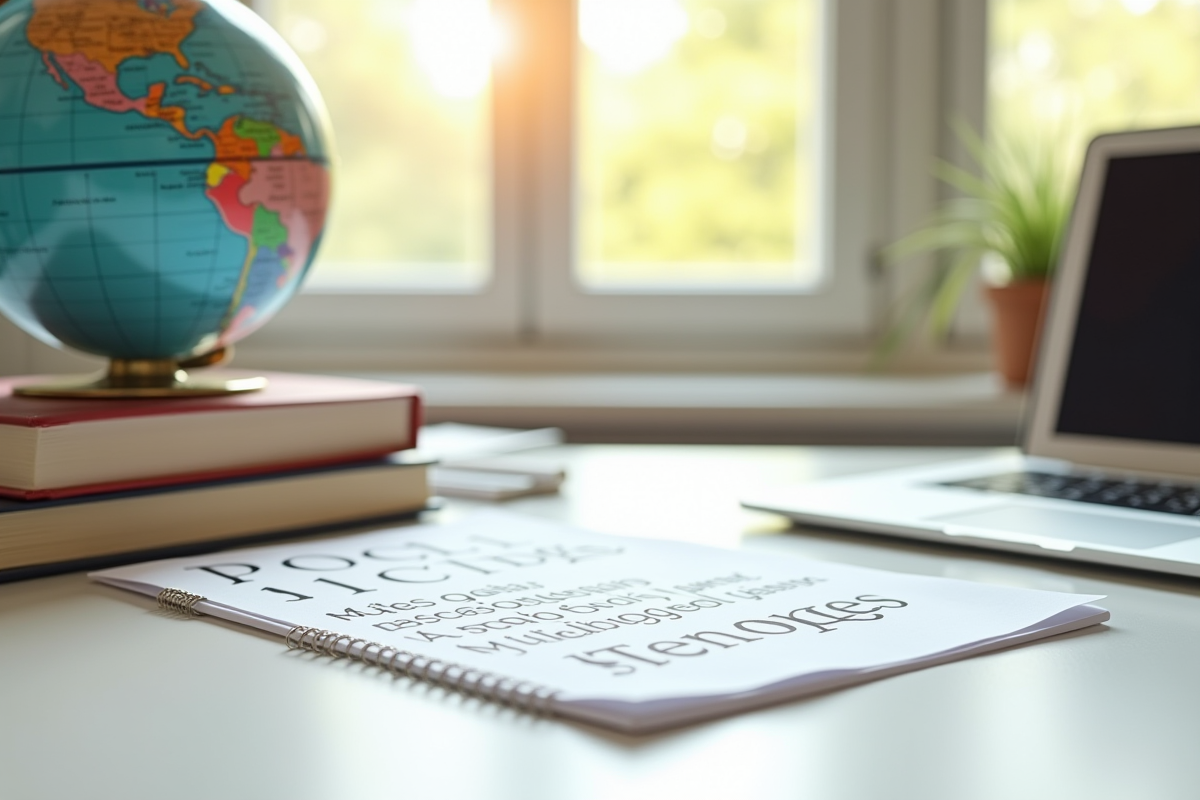 Bureau avec livres de langues un globe et un ordinateur portable