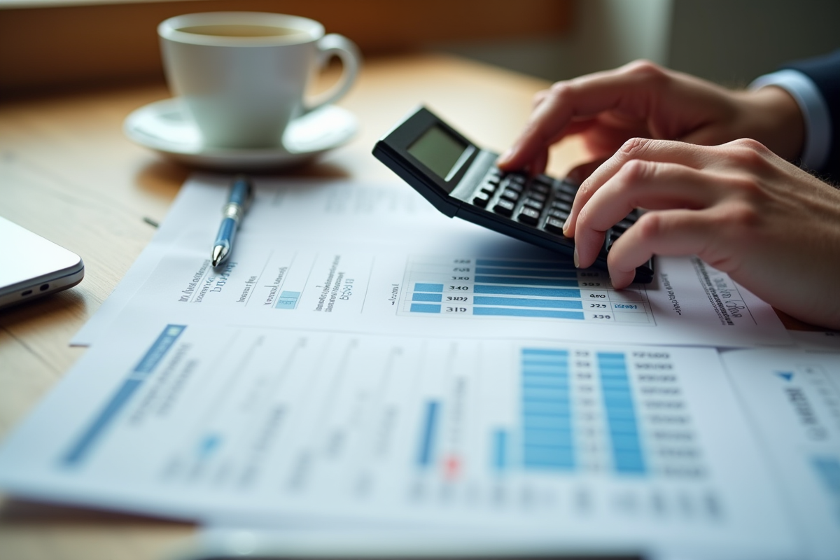 Mains utilisant une calculatrice avec des feuilles de calcul et factures sur une table en bois