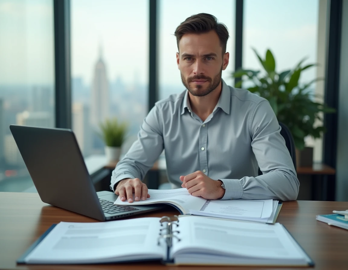 Homme consultant des documents de certification professionnelle et diplômes sur un bureau de bureau moderne