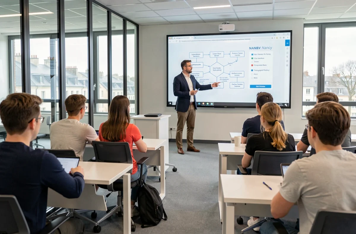Cours de management dans une salle moderne du campus CESI École de Formation des Managers à Nancy