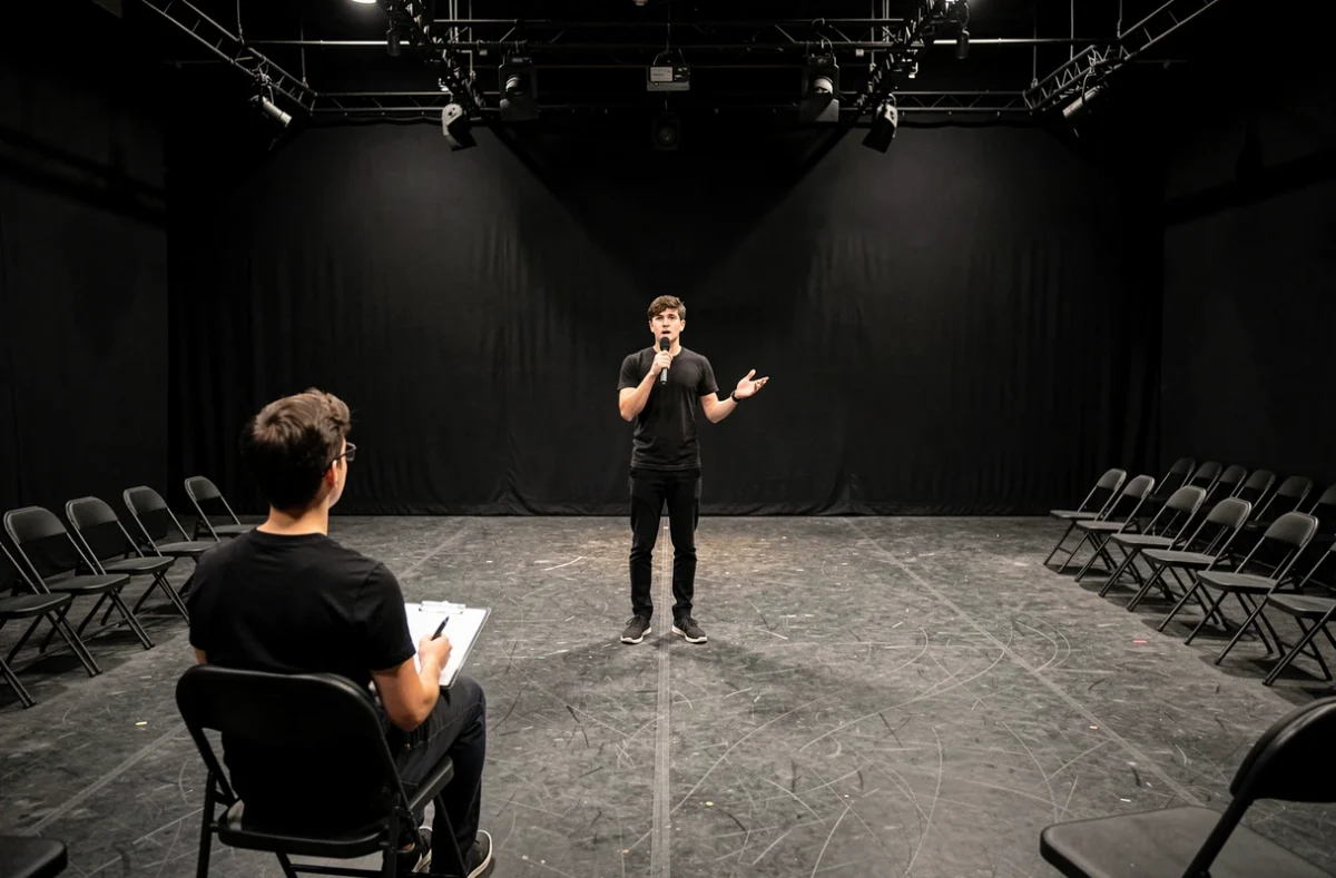 Étudiant en formation théâtrale répétant un monologue au CFA arts de la scène