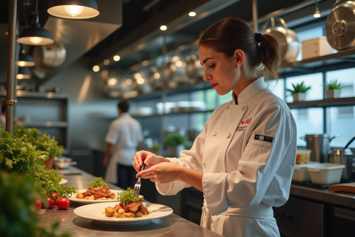 Femme chef française en cuisine professionnelle