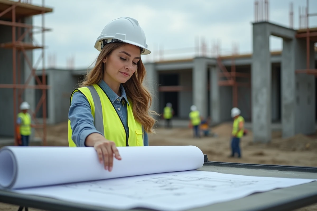 Cheffe de projet BTP sur chantier consultant des plans pour préparer sa certification professionnelle