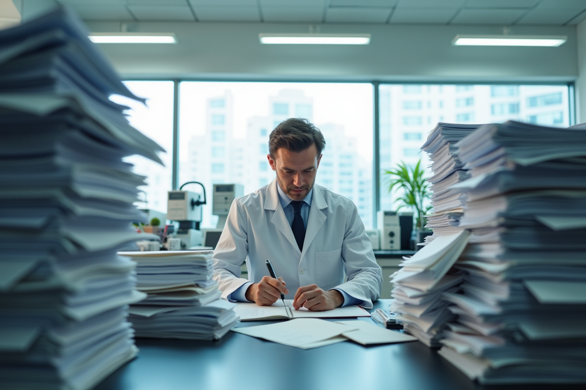 Chercheur frustré dans un laboratoire moderne en surmenage