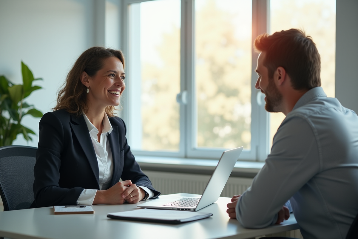 Coach professionnel et client en discussion dans un bureau lumineux