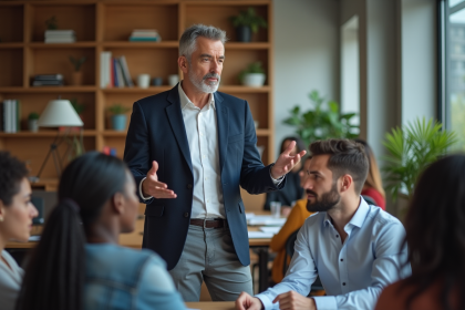 Manager coach en bureau moderne avec &eacute;quipe diverse