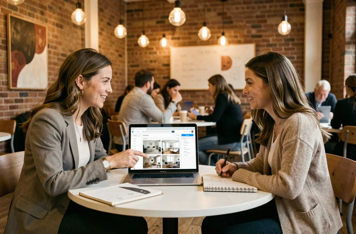 Deux femmes collaborant sur une formation en décoration intérieure en ligne dans un espace de coworking, symbolisant l'apprentissage communautaire et flexible du design d'intérieur