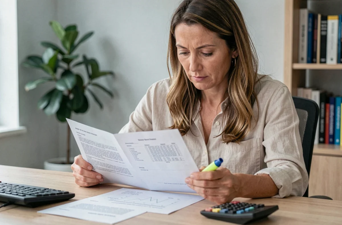 Femme comparant deux devis de rénovation à son bureau à domicile avec surligneurs et calculatrice
