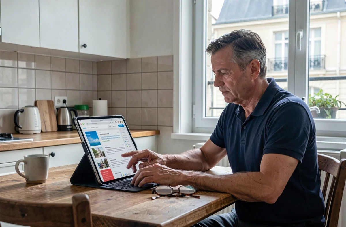Homme accédant à l'espace numérique PIA de l'Académie de Grenoble sur une tablette depuis sa cuisine