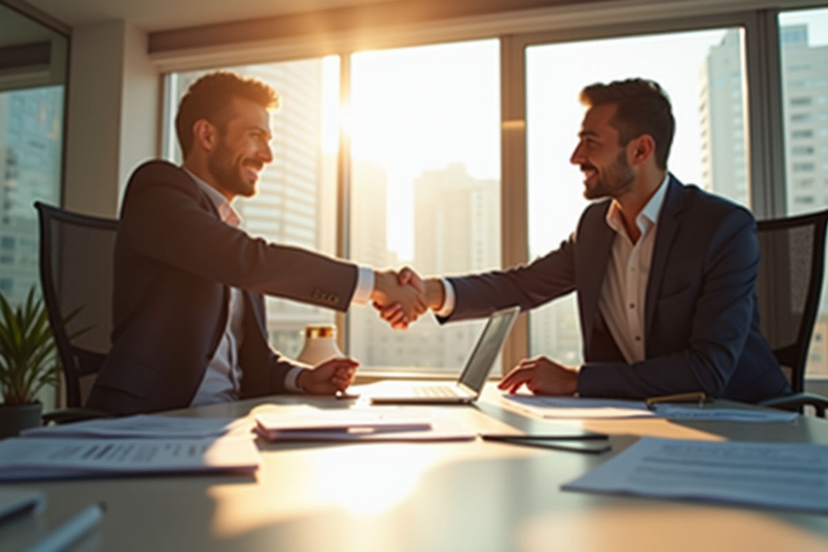 Consultant et client se serrant la main dans un bureau moderne