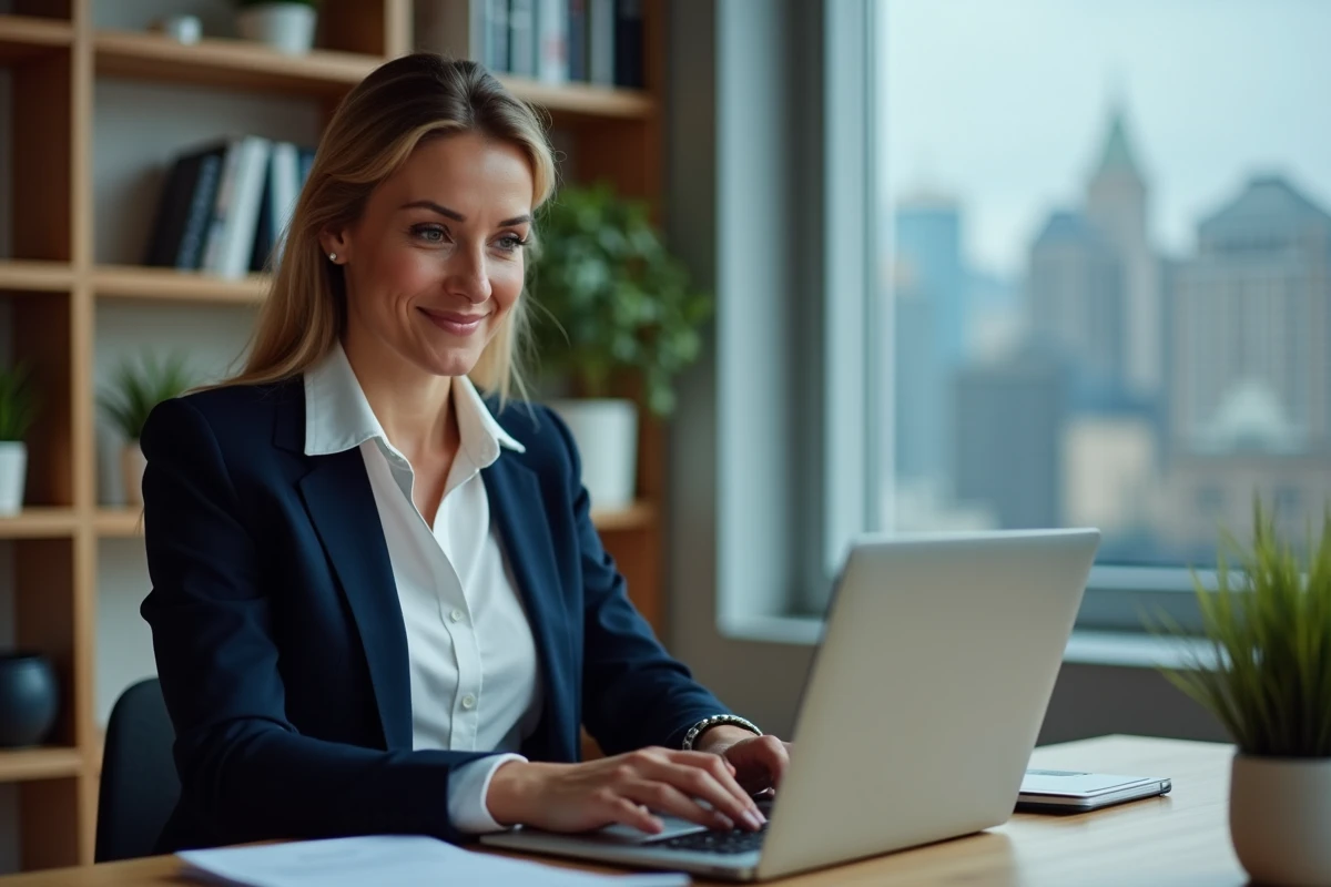 Consultante indépendante en train de prospecter sur LinkedIn depuis son bureau à domicile
