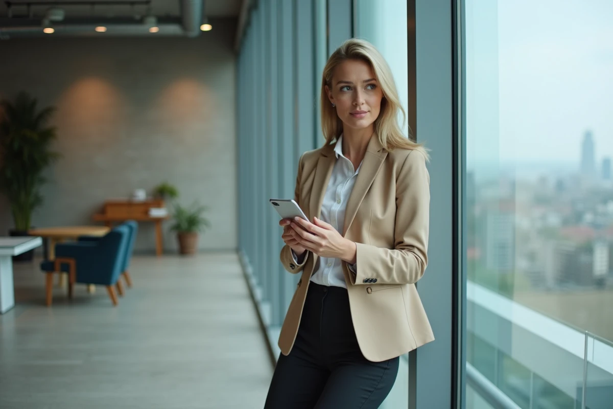 Consultante indépendante gérant sa prospection LinkedIn sur smartphone dans un bureau en verre
