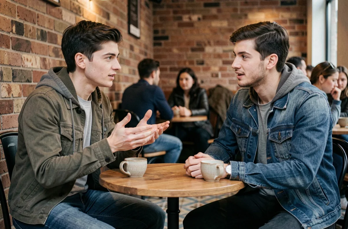 Deux jeunes adultes dans un café discutant et racontant une histoire, illustrant la narration à l'imparfait en espagnol dans un contexte conversationnel
