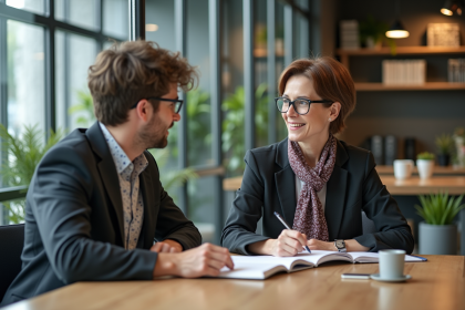 Femme d'âge moyen et jeune homme en discussion dans un bureau moderne