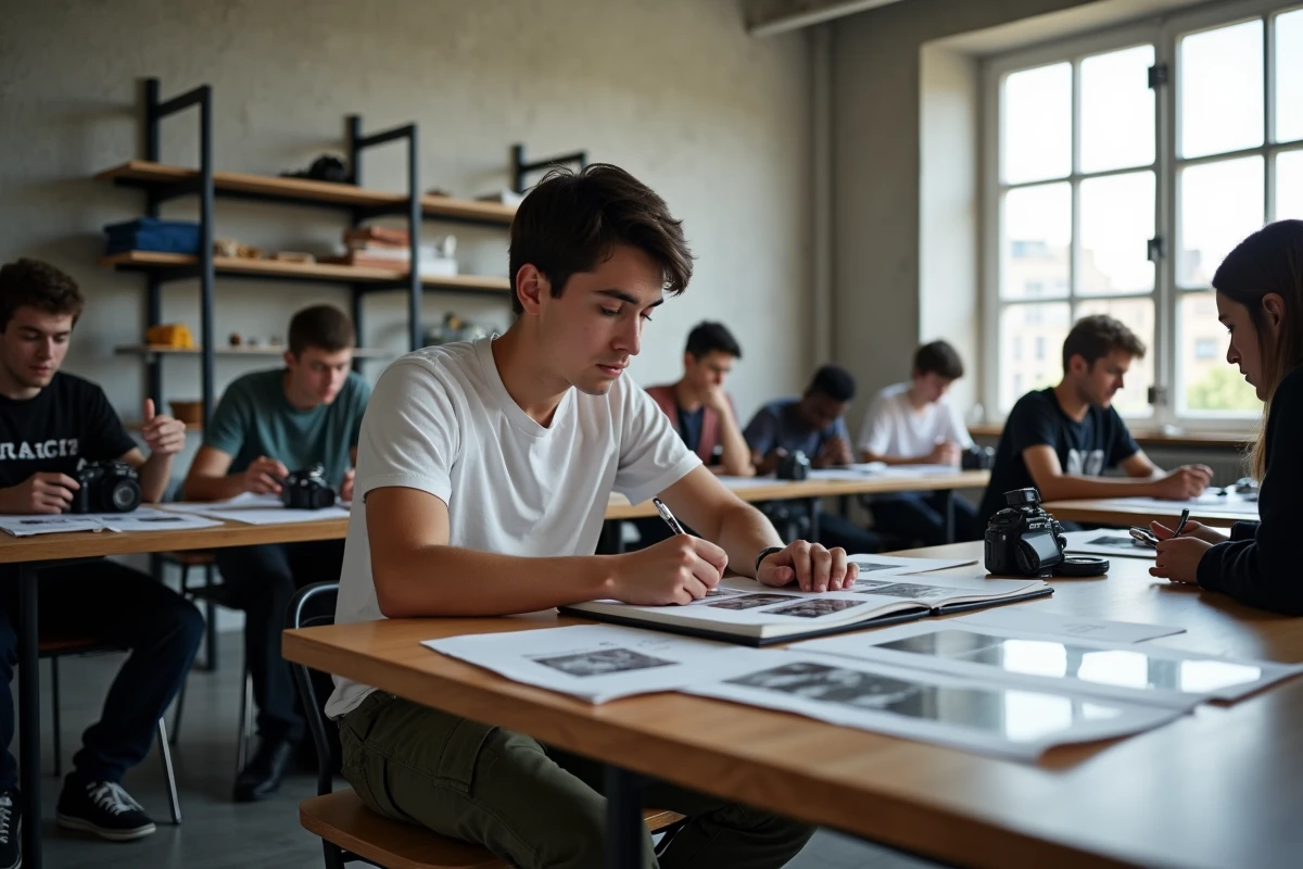 Étudiant en cours de photographie dans une salle de classe d'une école photo à Toulouse avec des planches contacts