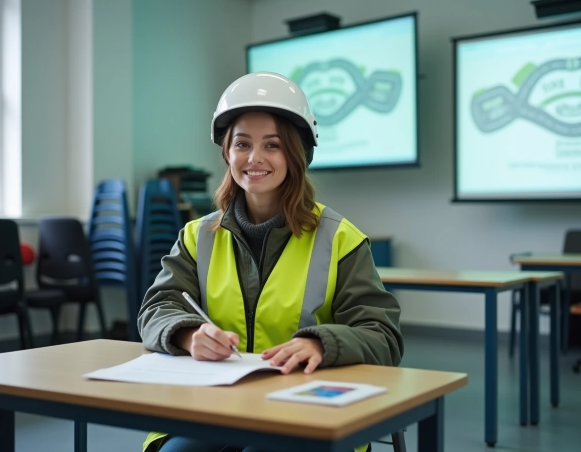 Femme en cours théorique de formation 125 permis B dans une salle d'auto-école avec brochure de code de la route