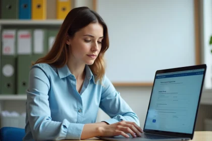 Enseignante créant un compte sur une plateforme scolaire en ligne dans un bureau administratif de collège