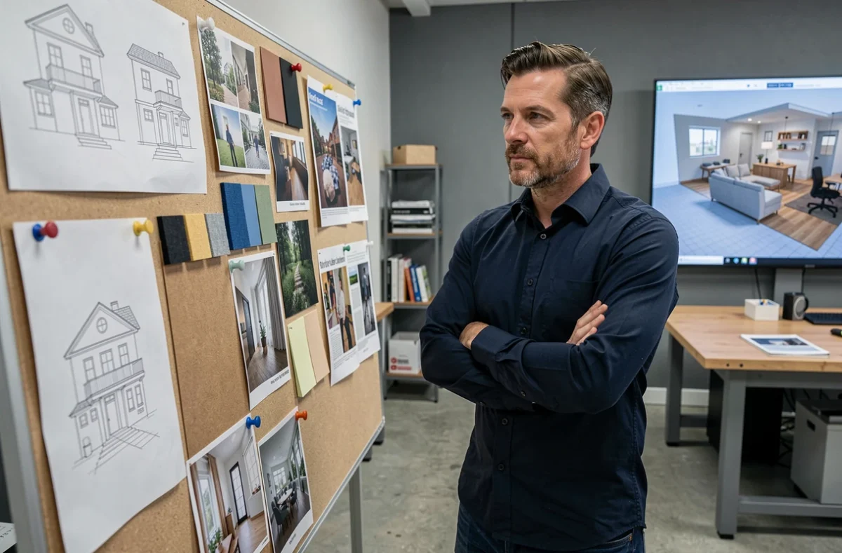 Designer d'intérieur masculin analysant un mood board professionnel dans un atelier de création, représentant une alternative sérieuse aux grandes écoles de design