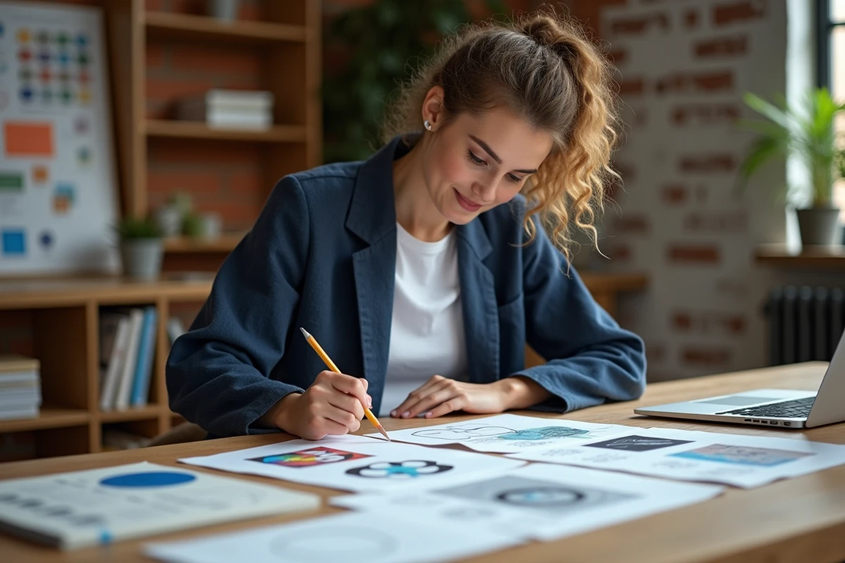 Designer graphique révisant des maquettes de logo pour une école, entourée de swatches et esquisses dans un studio créatif