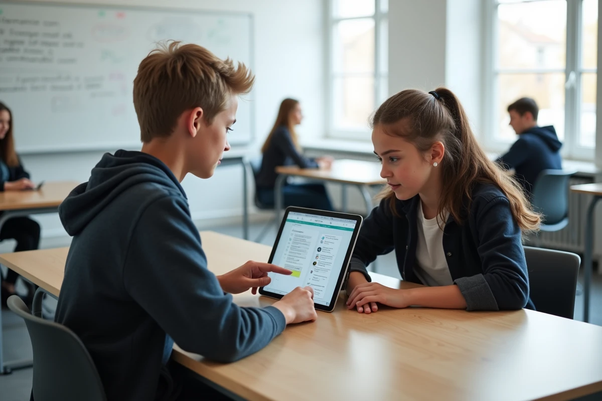 Deux lycéens travaillant ensemble sur l'ENT Île-de-France via une tablette en classe