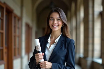 Jeune femme diplômée tenant un diplôme reconnu par l'État dans un couloir universitaire