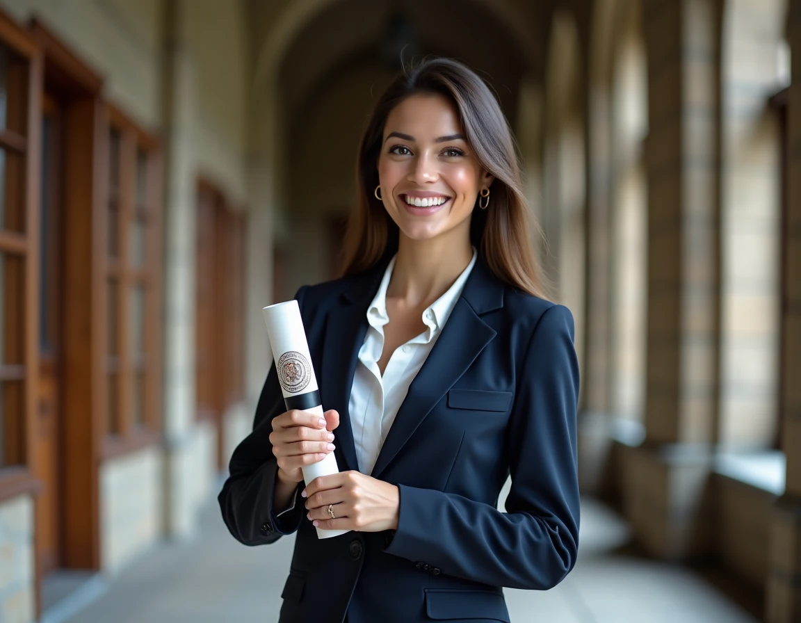 Jeune femme diplômée tenant un diplôme reconnu par l'État dans un couloir universitaire