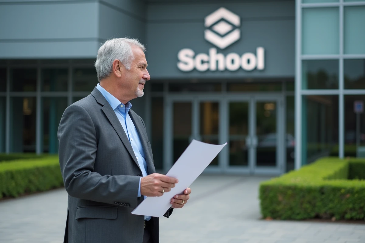 Directeur d'école devant la façade de son établissement avec un nouveau logo institutionnel affiché sur la signalétique