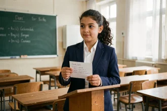 Collégienne qui prononce un discours de délégué de classe devant un pupitre en bois dans une salle de classe