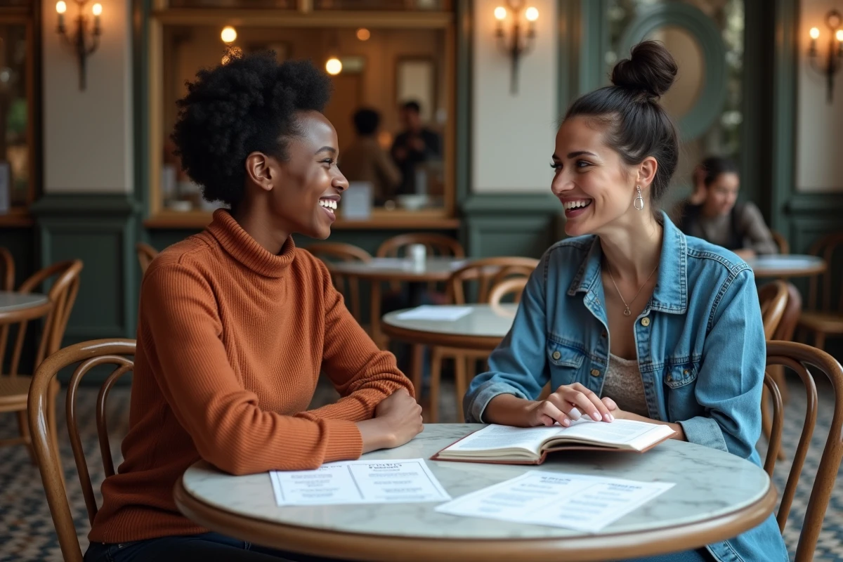 Deux femmes discutant de connecteurs logiques en français autour de fiches imprimées dans un café parisien