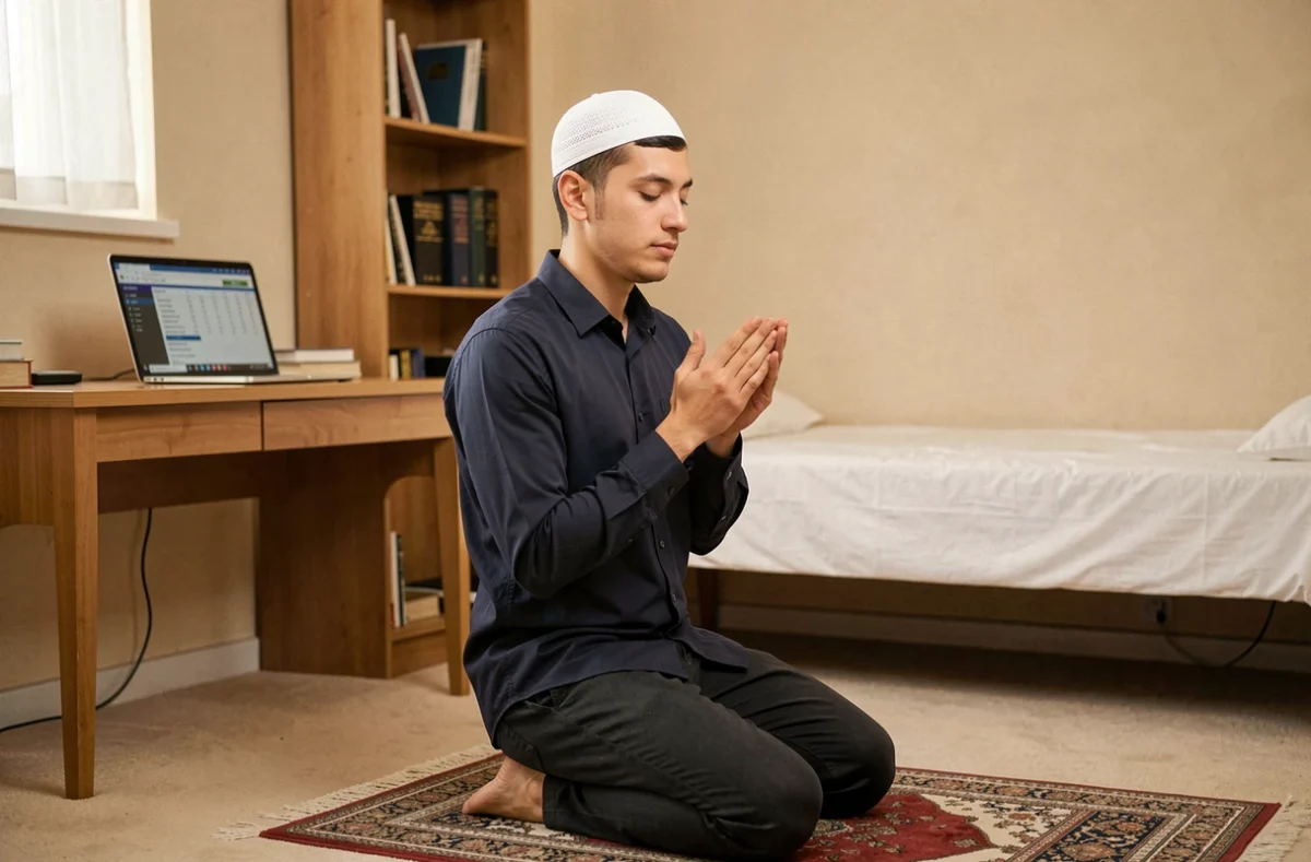 Jeune homme en prière de gratitude après avoir reçu ses résultats d'examen, agenouillé sur un tapis de prière dans une chambre estudiantine