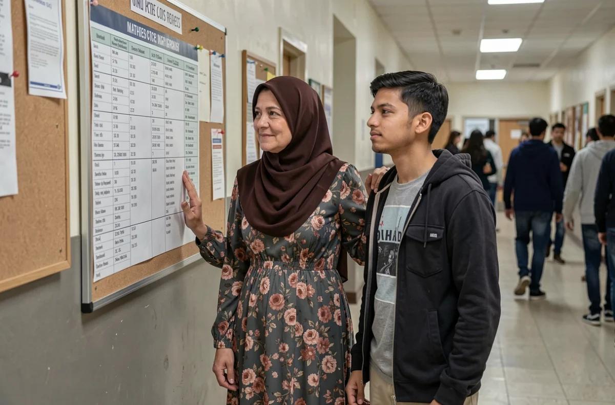 Mère et fils devant le tableau des résultats d'examen à l'université, partageant un moment d'émotion et de fierté familiale